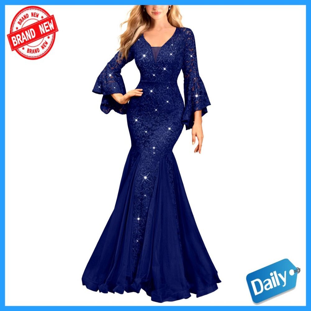 Sequin Lace Mermaid Formal Evening Gown Bell Sleeve Deep V Neck Elegant